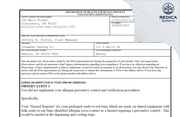 FDA 483 - Schwebel Baking Co [Hebron / United States of America] - Download PDF - Redica Systems
