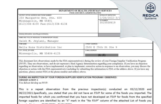 FDA 483 - Bella Rosa Distribution Inc [Minneapolis / United States of America] - Download PDF - Redica Systems