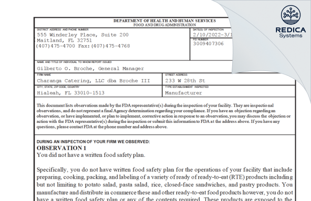FDA 483 - Charanga Catering, LLC dba Broche III [Hialeah / United States of America] - Download PDF - Redica Systems