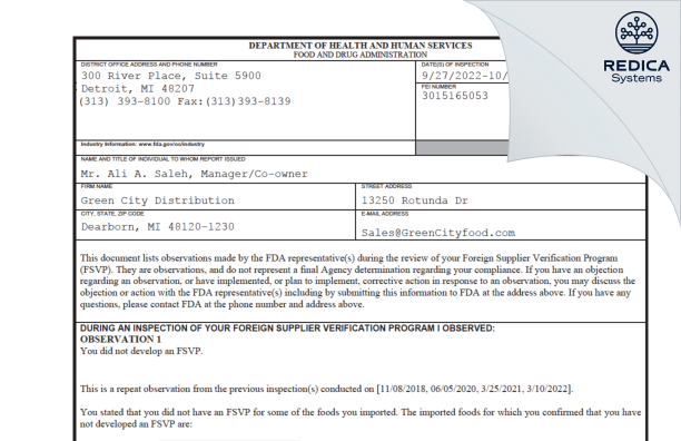 FDA 483 - Green City Distribution [Dearborn / United States of America] - Download PDF - Redica Systems