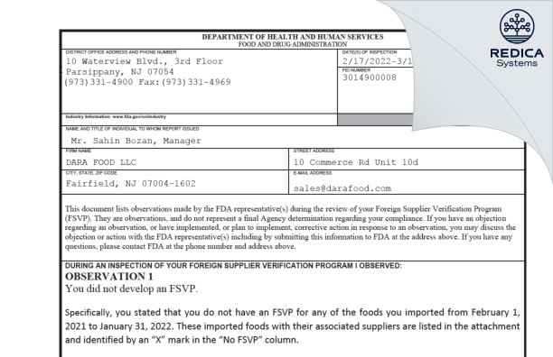 FDA 483 - Dara Food LLC [Fairfield / United States of America] - Download PDF - Redica Systems