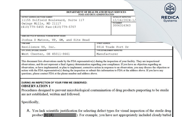FDA 483 - Resilience US, Inc. [West Chester / United States of America] - Download PDF - Redica Systems