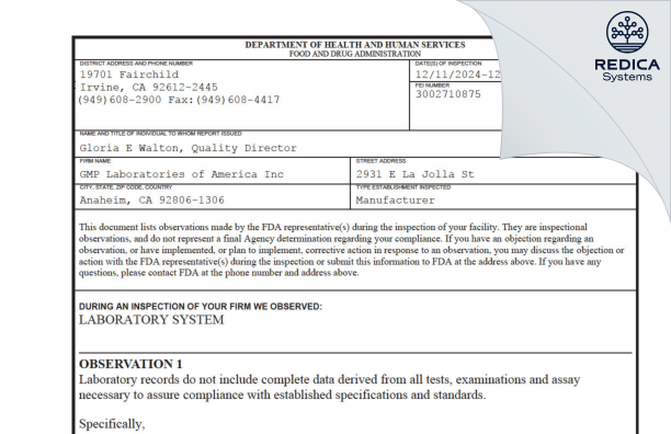 FDA 483 - GMP Laboratories of America Inc [Anaheim / United States of America] - Download PDF - Redica Systems
