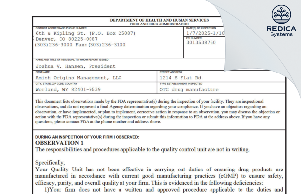 FDA 483 - Amish Origins Management, LLC [Worland / United States of America] - Download PDF - Redica Systems