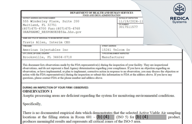 FDA 483 - American Injectables, Inc. [Brooksville / United States of America] - Download PDF - Redica Systems