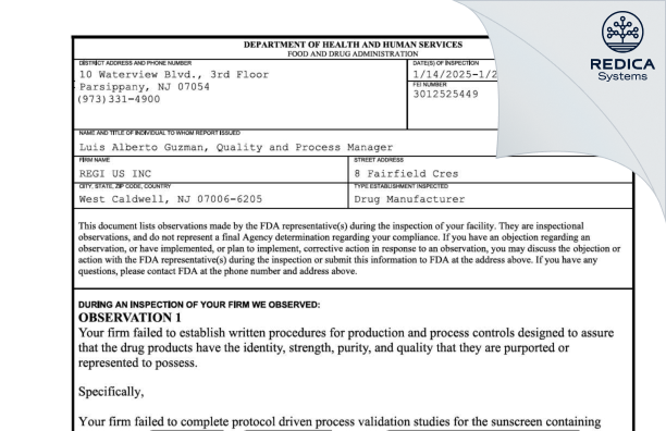 FDA 483 - Regi U.S. Inc. [West Caldwell / United States of America] - Download PDF - Redica Systems
