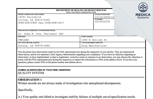 FDA 483 - FMK LABS, INC. [Corona / United States of America] - Download PDF - Redica Systems
