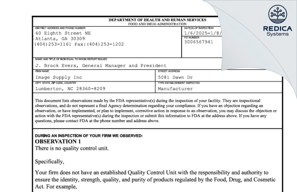 FDA 483 - Image Supply, Inc [Lumberton / United States of America] - Download PDF - Redica Systems