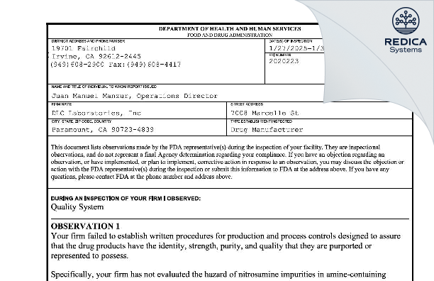 FDA 483 - DLC Laboratories, Inc. [Paramount / United States of America] - Download PDF - Redica Systems