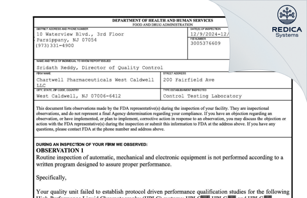 FDA 483 - Chartwell Pharmaceuticals West Caldwell LLC [West Caldwell / United States of America] - Download PDF - Redica Systems