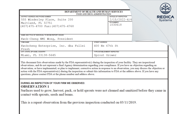 FDA 483 - Kwokcheng Enterprise, Inc. dba Fullei Fresh [Miami / United States of America] - Download PDF - Redica Systems