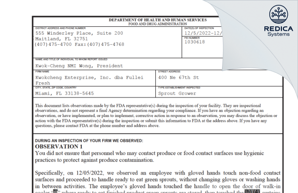 FDA 483 - Kwokcheng Enterprise, Inc. dba Fullei Fresh [Miami / United States of America] - Download PDF - Redica Systems