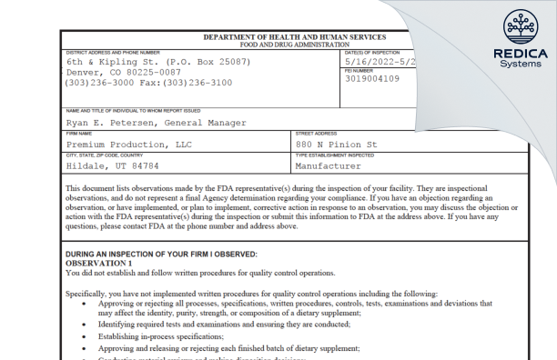 FDA 483 - Premium Production, LLC [Hildale / United States of America] - Download PDF - Redica Systems