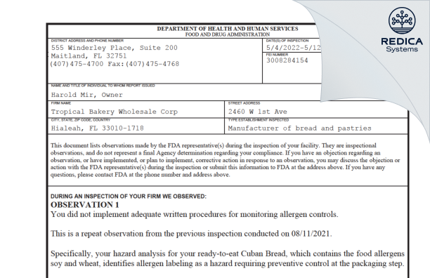 FDA 483 - Tropical Bakery Wholesale Corp [Hialeah / United States of America] - Download PDF - Redica Systems