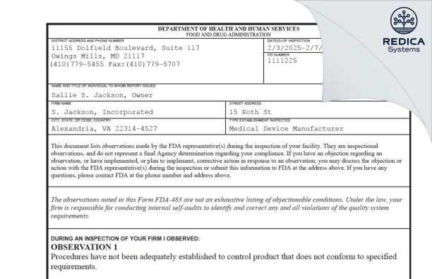 FDA 483 - S. Jackson, Incorporated [Alexandria / United States of America] - Download PDF - Redica Systems