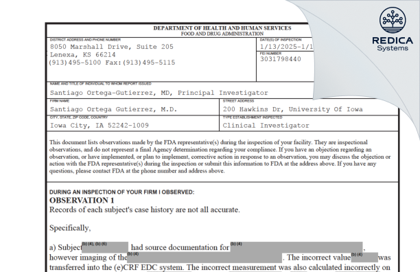 FDA 483 - Santiago Ortega Gutierrez, M.D. [Iowa City / United States of America] - Download PDF - Redica Systems