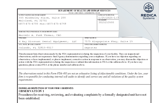 FDA 483 - XRD DENTAL EQUIPMENT [Windermere / United States of America] - Download PDF - Redica Systems