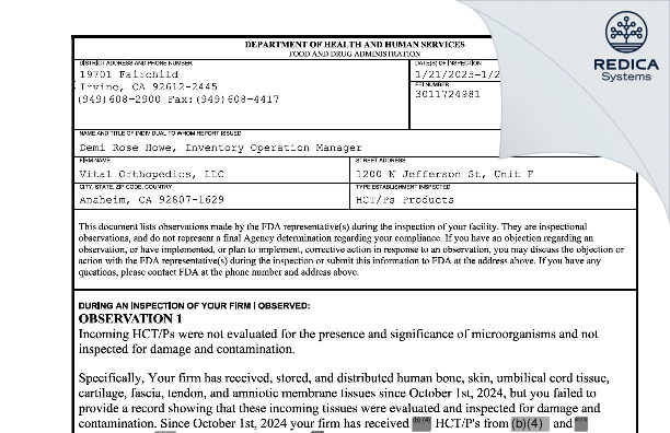 FDA 483 - Sports Tek Medical, Inc. [Anaheim / United States of America] - Download PDF - Redica Systems