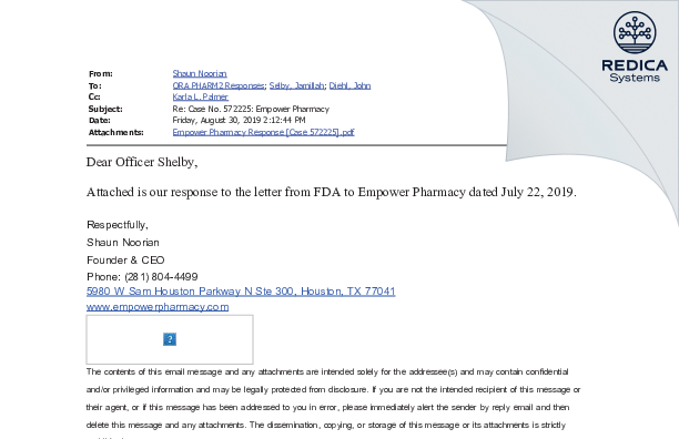 FDA 483 Response - Empower Clinic Services LLC dba Empower Pharmacy [Houston / United States of America] - Download PDF - Redica Systems
