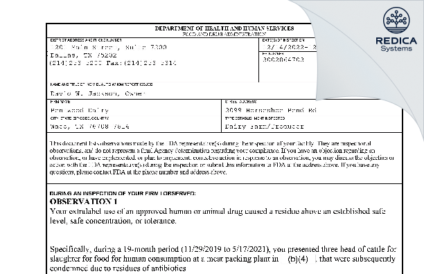 FDA 483 - Bentwood Dairy [Waco / United States of America] - Download PDF - Redica Systems
