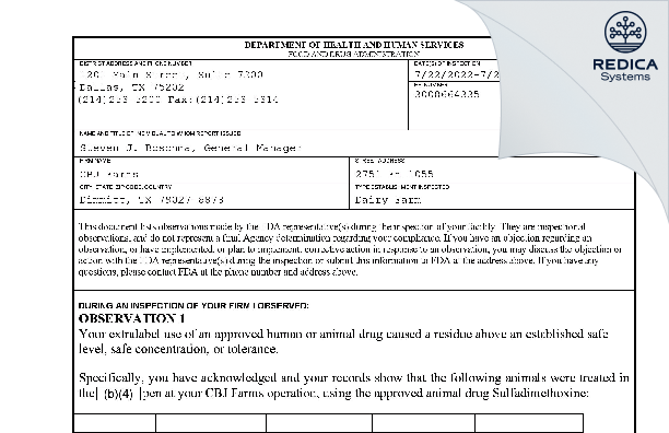 FDA 483 - CBJ Farms [Dimmitt / United States of America] - Download PDF - Redica Systems