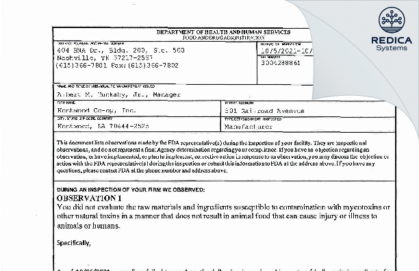 FDA 483 - Kentwood Co-op, Inc. [Kentwood / United States of America] - Download PDF - Redica Systems