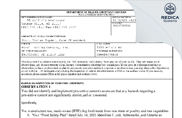 FDA 483 - Boesl Packing Company, Inc. [Baltimore / United States of America] - Download PDF - Redica Systems