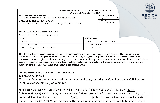FDA 483 - Yippee Farms, LLC [Mount Joy / United States of America] - Download PDF - Redica Systems