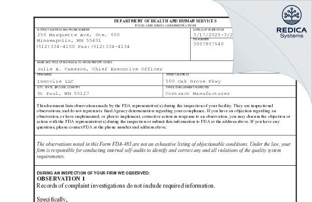 FDA 483 - Innovize Inc [Saint Paul / United States of America] - Download PDF - Redica Systems