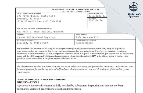 FDA 483 - Industrial Woodworking Corp. [Zeeland / United States of America] - Download PDF - Redica Systems