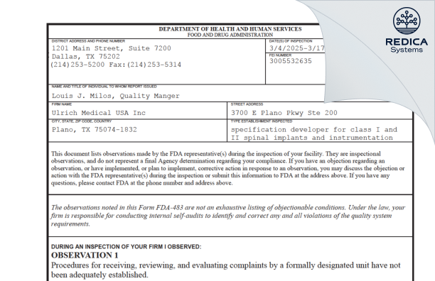 FDA 483 - ulrich medical USA Inc [Chesterfield / United States of America] - Download PDF - Redica Systems