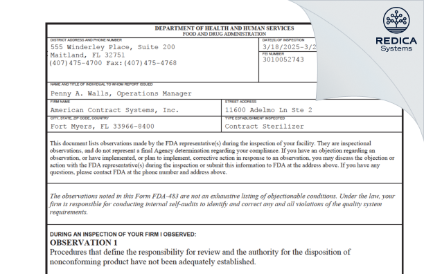 FDA 483 - American Contract Systems, Inc. [Fort Myers / United States of America] - Download PDF - Redica Systems