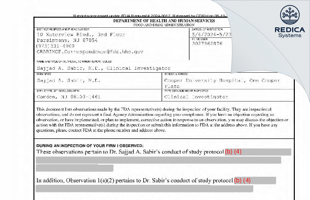 FDA 483 - Sajjad A. Sabir, M.D. [Camden / United States of America] - Download PDF - Redica Systems