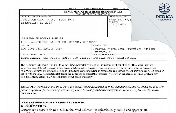 FDA 483 - Rio Biofarma Brasil Ltda [Hortolândia / Brazil] - Download PDF - Redica Systems