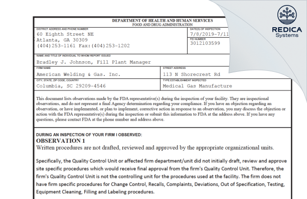 FDA 483 - AMERICAN WELDING & GAS, INC. [Columbia / United States of America] - Download PDF - Redica Systems