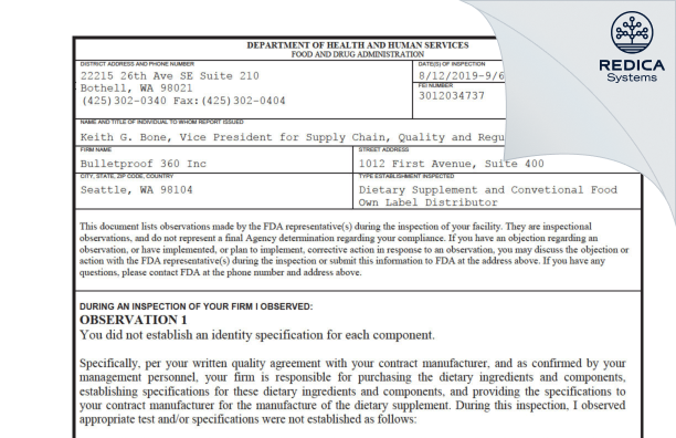 FDA 483 - Bulletproof 360 Inc [Seattle / United States of America] - Download PDF - Redica Systems