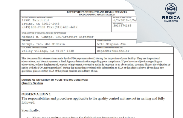 FDA 483 - Dermya Inc. [Sun Valley / United States of America] - Download PDF - Redica Systems