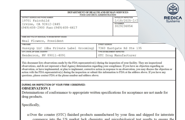 FDA 483 - Gussyup LLC (dba Private Label Grooming) [Henderson / United States of America] - Download PDF - Redica Systems