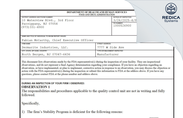 FDA 483 - DERMARITE INDUSTRIES, LLC [North Bergen / United States of America] - Download PDF - Redica Systems