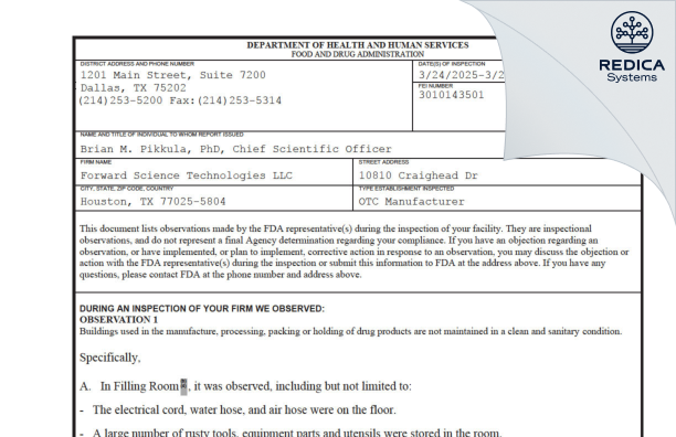 FDA 483 - Forward Science Technologies LLC [Houston / United States of America] - Download PDF - Redica Systems