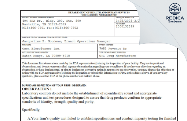 FDA 483 - Owen Biosciences Inc [Baton Rouge / United States of America] - Download PDF - Redica Systems