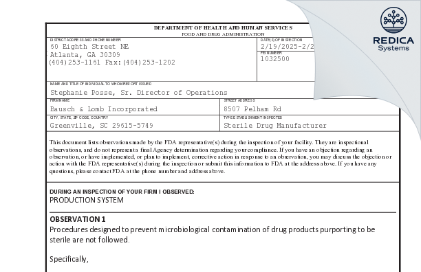 FDA 483 - Bausch & Lomb Incorporated [Greenville / United States of America] - Download PDF - Redica Systems