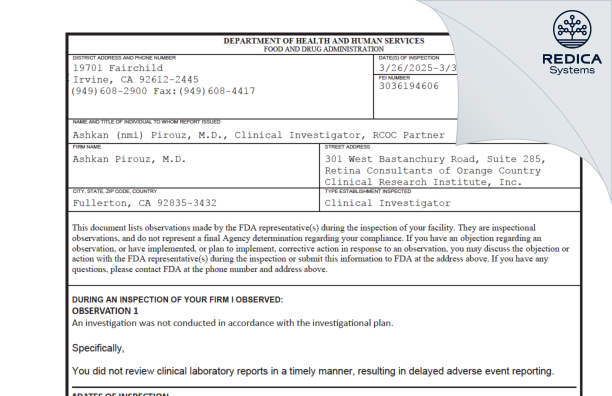 FDA 483 - Ashkan Pirouz, M.D. [Fullerton / United States of America] - Download PDF - Redica Systems