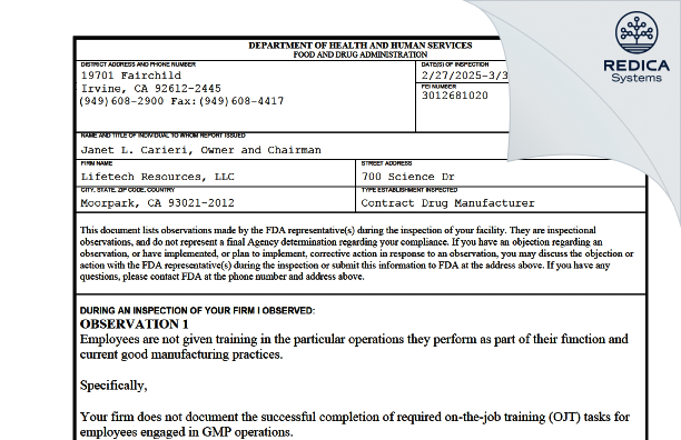 FDA 483 - LIFETECH RESOURCES LLC [Moorpark / United States of America] - Download PDF - Redica Systems