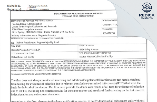 FDA 483 - BioLife Plasma Services LP [Bakersfield / United States of America] - Download PDF - Redica Systems