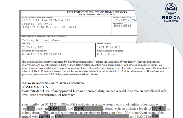 FDA 483 - J3 Dairy LLC [Wendell / United States of America] - Download PDF - Redica Systems