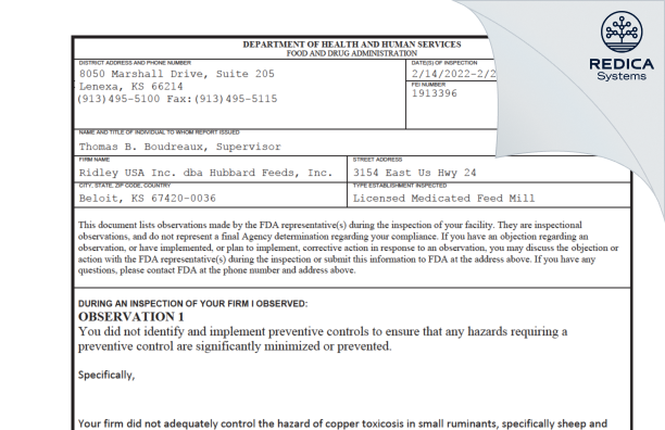FDA 483 - Ridley USA Inc. [Beloit / United States of America] - Download PDF - Redica Systems