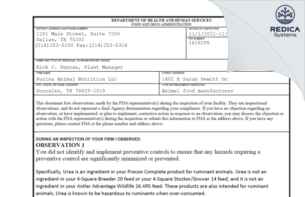 FDA 483 - Purina Animal Nutrition LLC [Gonzales / United States of America] - Download PDF - Redica Systems