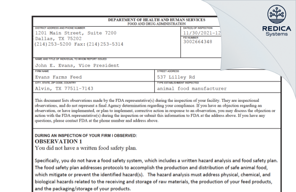 FDA 483 - J.B Evans Farms Inc [Alvin / United States of America] - Download PDF - Redica Systems