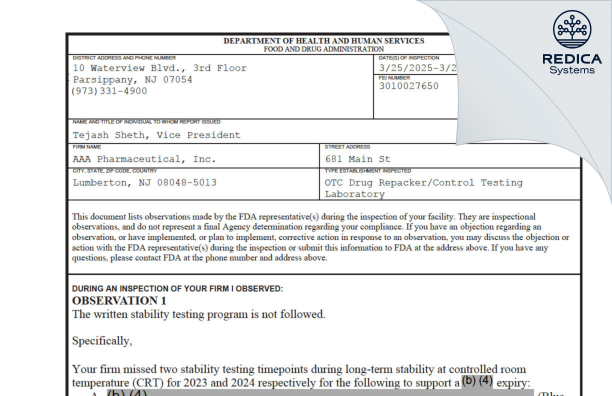 FDA 483 - AAA Pharmaceutical, Inc. [Lumberton / United States of America] - Download PDF - Redica Systems
